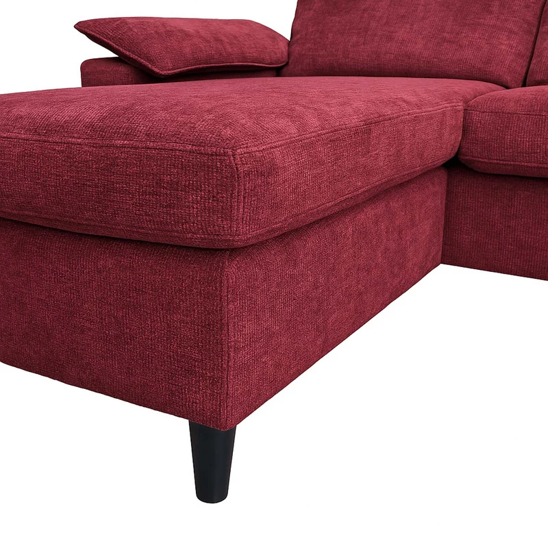 Canapé d’angle méridienne réversible à gauche ou à droite avec 3 coussins, tissu bordeaux et bois de peuplier 04_0009284