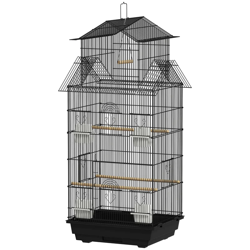 Volière à oiseaux intérieure 50,5 x 41 x 104 cm plateau amovible et perchoirs inclus design contemporain en acier noir 21_0007568