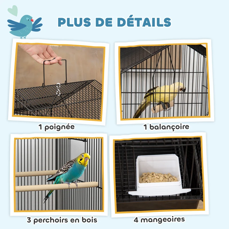 Volière à oiseaux intérieure 50,5 x 41 x 104 cm plateau amovible et perchoirs inclus design contemporain en acier noir 21_0007568