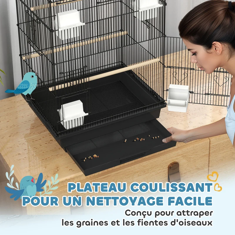 Volière à oiseaux intérieure 50,5 x 41 x 104 cm plateau amovible et perchoirs inclus design contemporain en acier noir 21_0007568