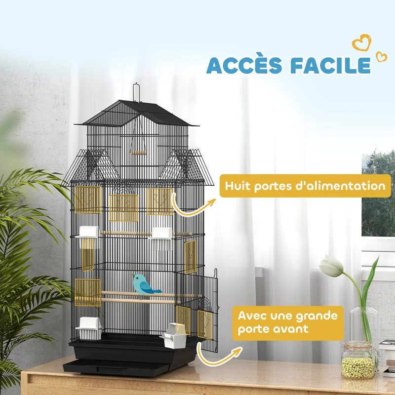 Volière à oiseaux intérieure 50,5 x 41 x 104 cm plateau amovible et perchoirs inclus design contemporain en acier noir 21_0007568