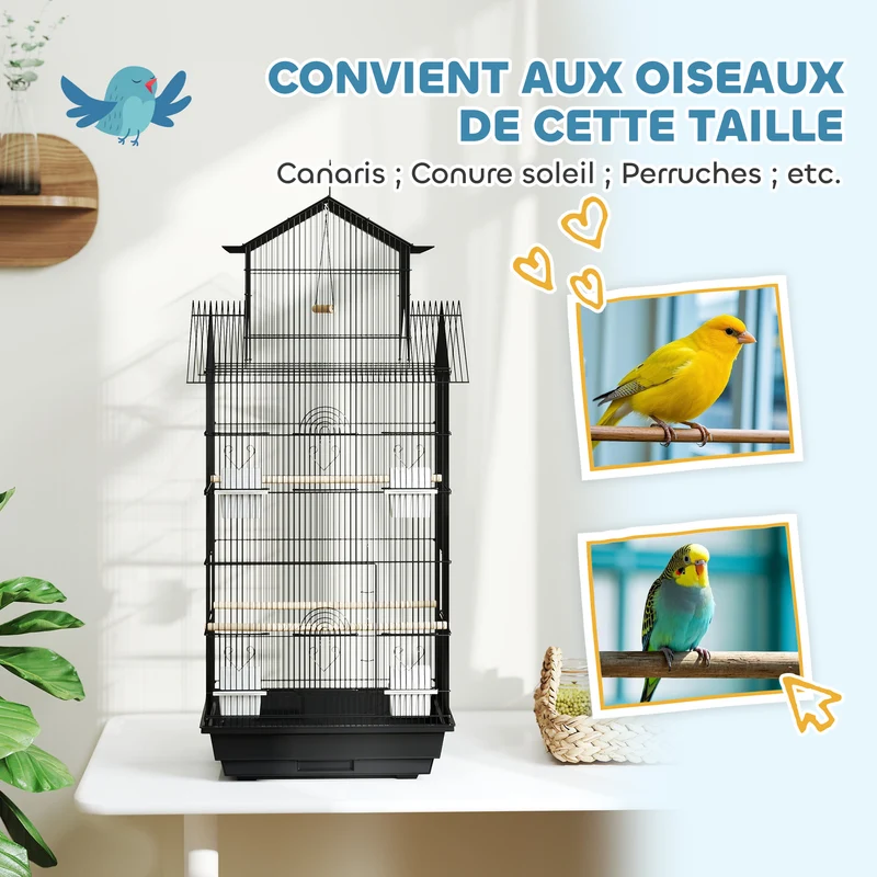 Volière à oiseaux intérieure 50,5 x 41 x 104 cm plateau amovible et perchoirs inclus design contemporain en acier noir 21_0007568