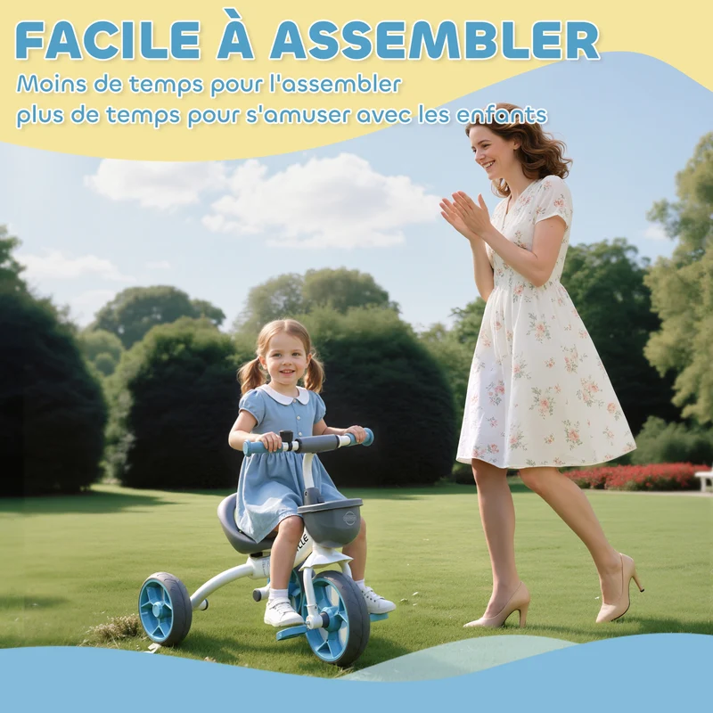 Tricycle évolutif pour enfant parc poignée parentale assise ergonomique 72 x 52 x 61 cm moderne design en métal bleu 21_0000632