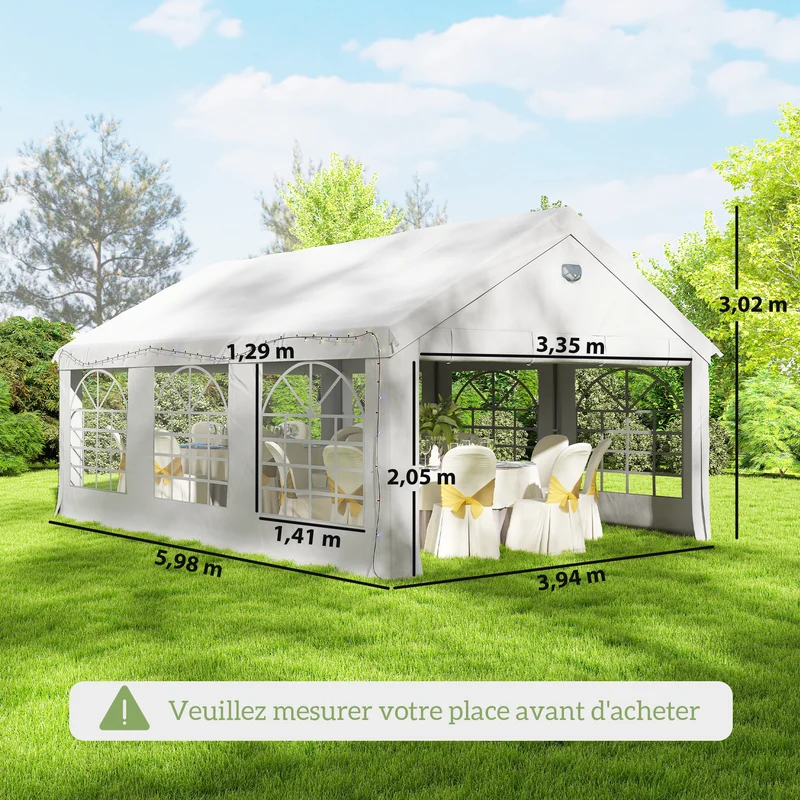 Tente de réception extérieur 598 x 394 x 302 cm étanche protection solaire 30 éclairage moderne en acier galvanisé blanc 21_0004932