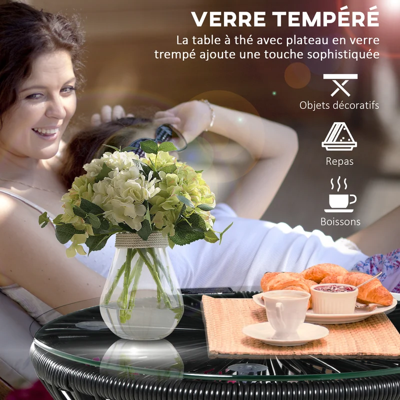 Table de jardin ronde d'appoint 40 x 42 cm stable durable pour terrasse véranda bohème chic tressée en résine noire 21_0006054