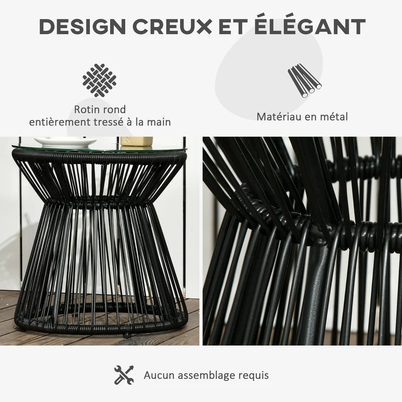 Table de jardin ronde d'appoint 40 x 42 cm stable durable pour terrasse véranda bohème chic tressée en résine noire 21_0006054