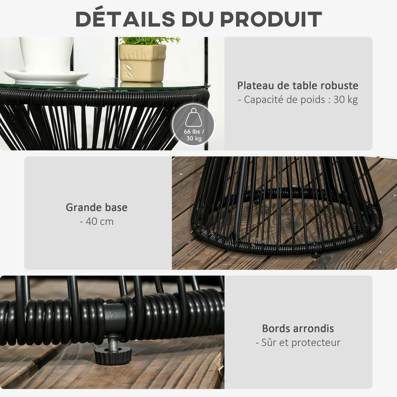 Table de jardin ronde d'appoint 40 x 42 cm stable durable pour terrasse véranda bohème chic tressée en résine noire 21_0006054