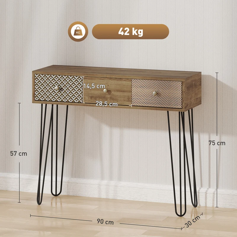 Table console d'entrée étroite 90 x 30 x 75 cm 3 tiroirs gain de place sécurité moderne en bois d'ingénierie marron 21_0002727