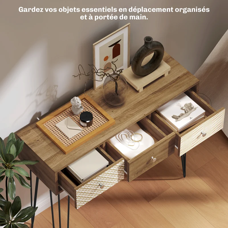 Table console d'entrée étroite 90 x 30 x 75 cm 3 tiroirs gain de place sécurité moderne en bois d'ingénierie marron 21_0002727