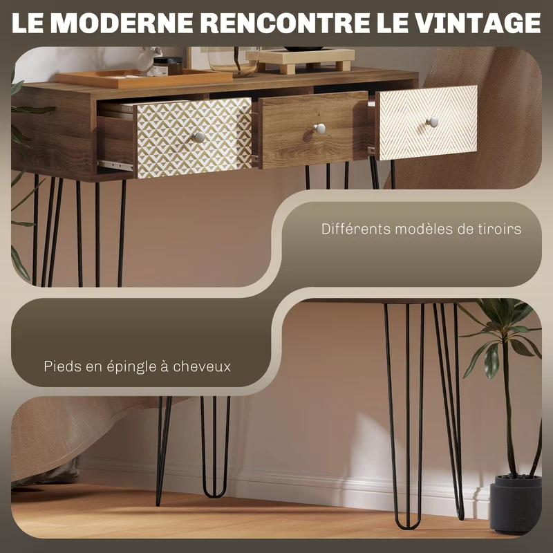 Table console d'entrée étroite 90 x 30 x 75 cm 3 tiroirs gain de place sécurité moderne en bois d'ingénierie marron 21_0002727