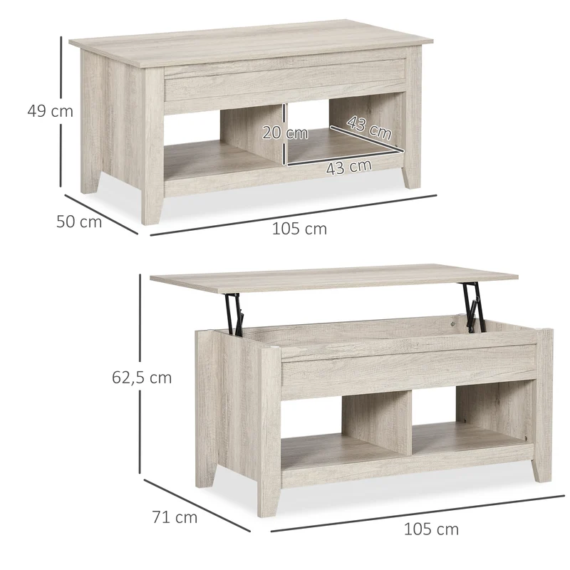 Table basse plateau relevable salon 105 x 50 x 49 cm rangement 2 niches pratique style scandinave en mélaminé chêne clair 21_0003033