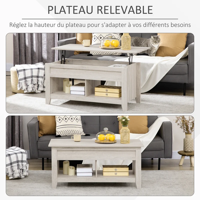 Table basse plateau relevable salon 105 x 50 x 49 cm rangement 2 niches pratique style scandinave en mélaminé chêne clair 21_0003033