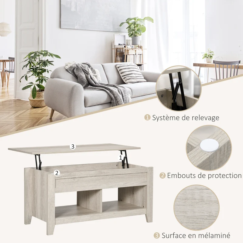 Table basse plateau relevable salon 105 x 50 x 49 cm rangement 2 niches pratique style scandinave en mélaminé chêne clair 21_0003033