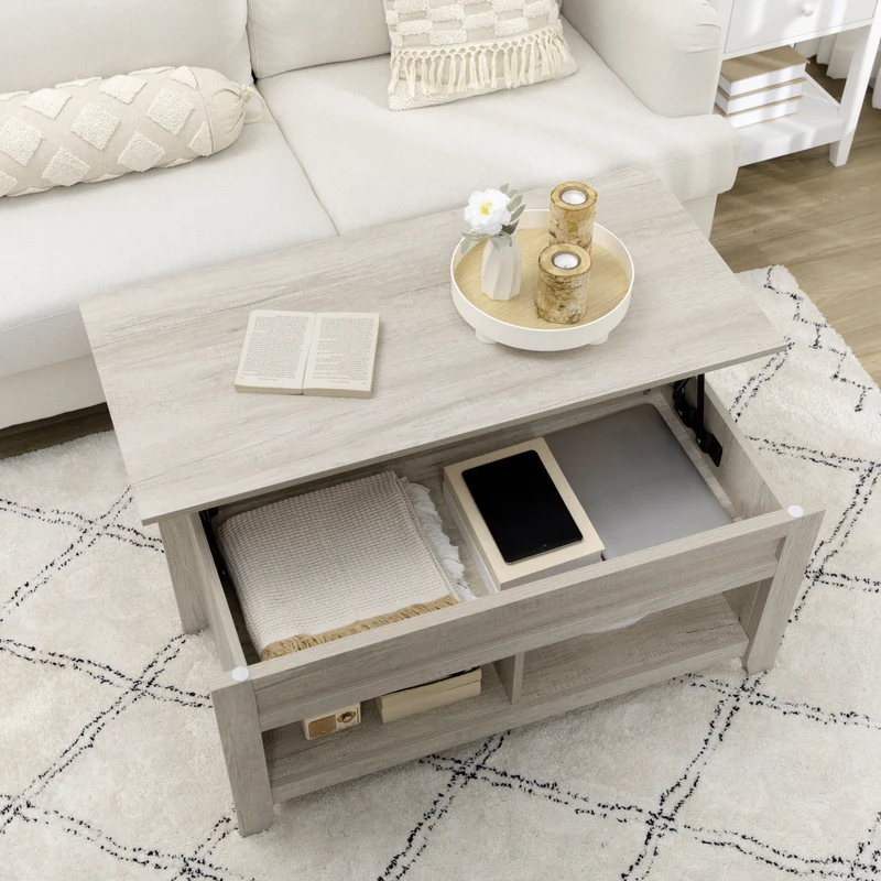 Table basse plateau relevable salon 105 x 50 x 49 cm rangement 2 niches pratique style scandinave en mélaminé chêne clair 21_0003033