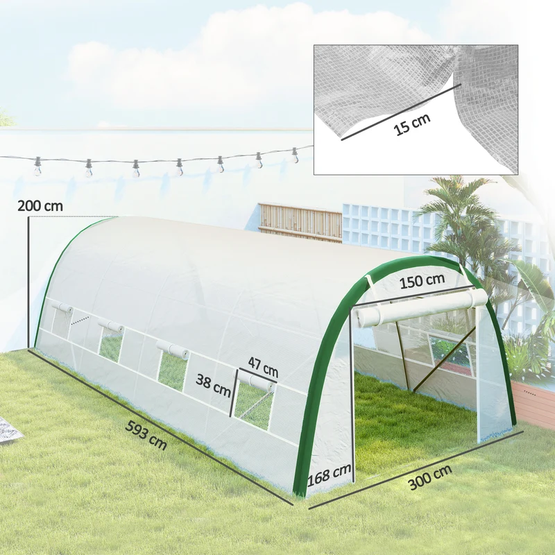 Serre tunnel jardin 593 x 300 x 200 cm protection anti uv montage facile contemporain moderne en acier galvanisé blanc 21_0004332