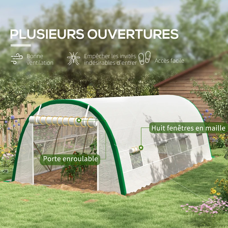 Serre tunnel jardin 593 x 300 x 200 cm protection anti uv montage facile contemporain moderne en acier galvanisé blanc 21_0004332