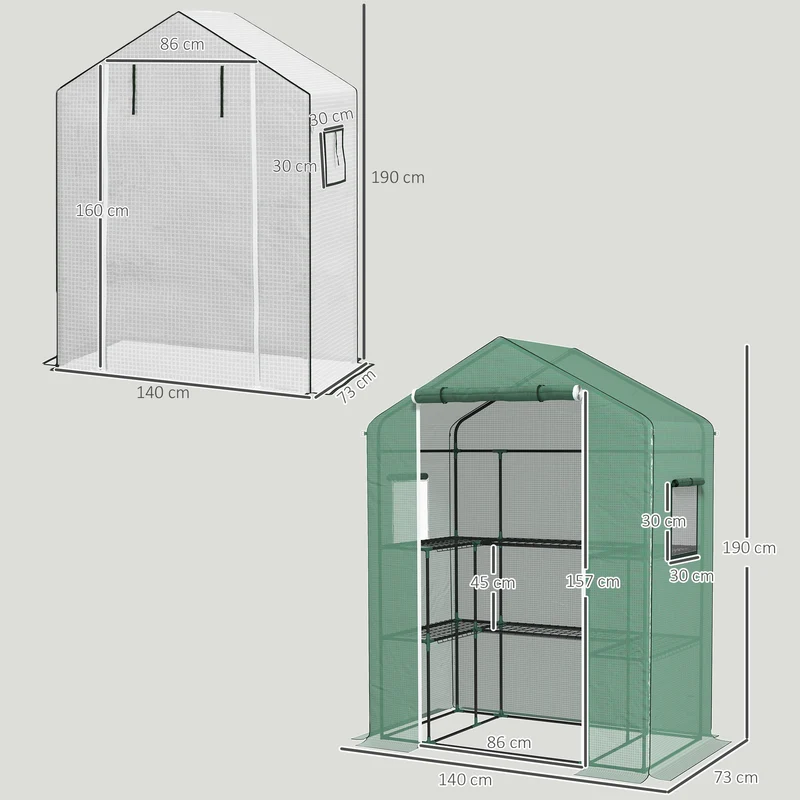Serre de jardin stable pour tomates 140 x 73 x 190 cm porte enroulable et étagères moderne design en polyéthylène vert 21_0004386