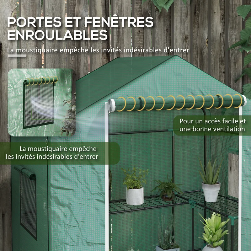 Serre de jardin stable pour tomates 140 x 73 x 190 cm porte enroulable et étagères moderne design en polyéthylène vert 21_0004386