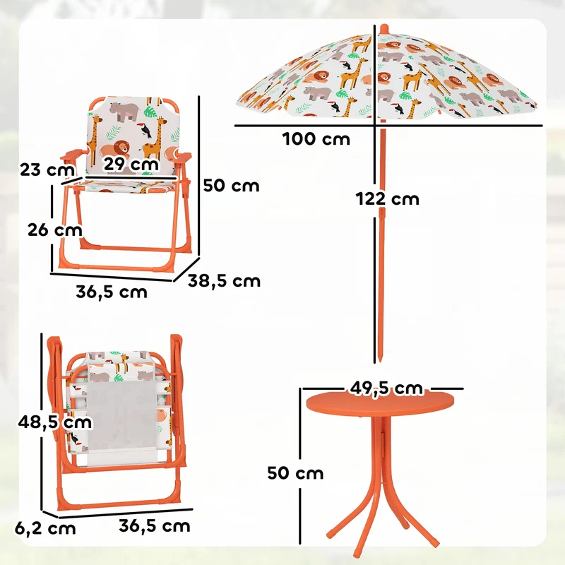 Salon de jardin enfant table 2 chaises pliantes parasol 100 x 122 x 50 cm ombre généreuse décoratif en plastique orange 21_0000745