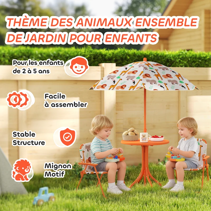 Salon de jardin enfant table 2 chaises pliantes parasol 100 x 122 x 50 cm ombre généreuse décoratif en plastique orange 21_0000745