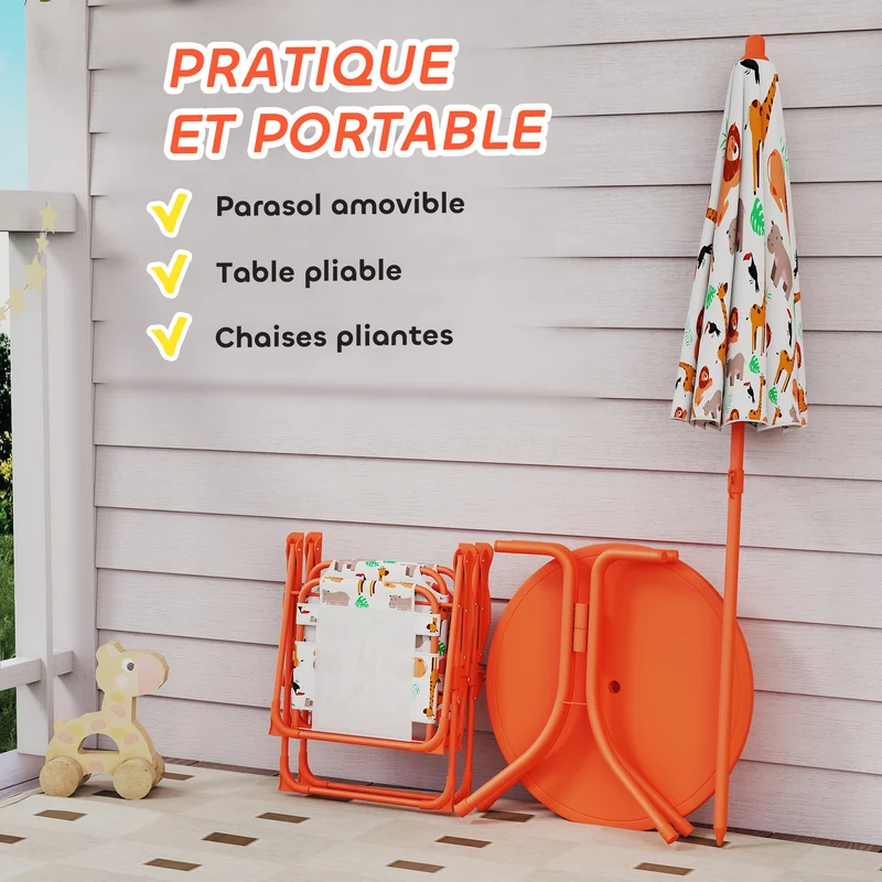 Salon de jardin enfant table 2 chaises pliantes parasol 100 x 122 x 50 cm ombre généreuse décoratif en plastique orange 21_0000745