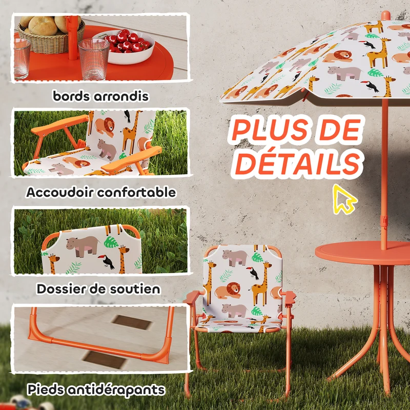Salon de jardin enfant table 2 chaises pliantes parasol 100 x 122 x 50 cm ombre généreuse décoratif en plastique orange 21_0000745