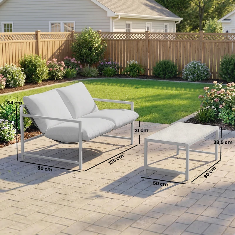 Salon de jardin 2 pièces canapé et table basse 125 x 80 x 64 cm coussins 20 cm confort contemporain en acier gris clair 21_0005771