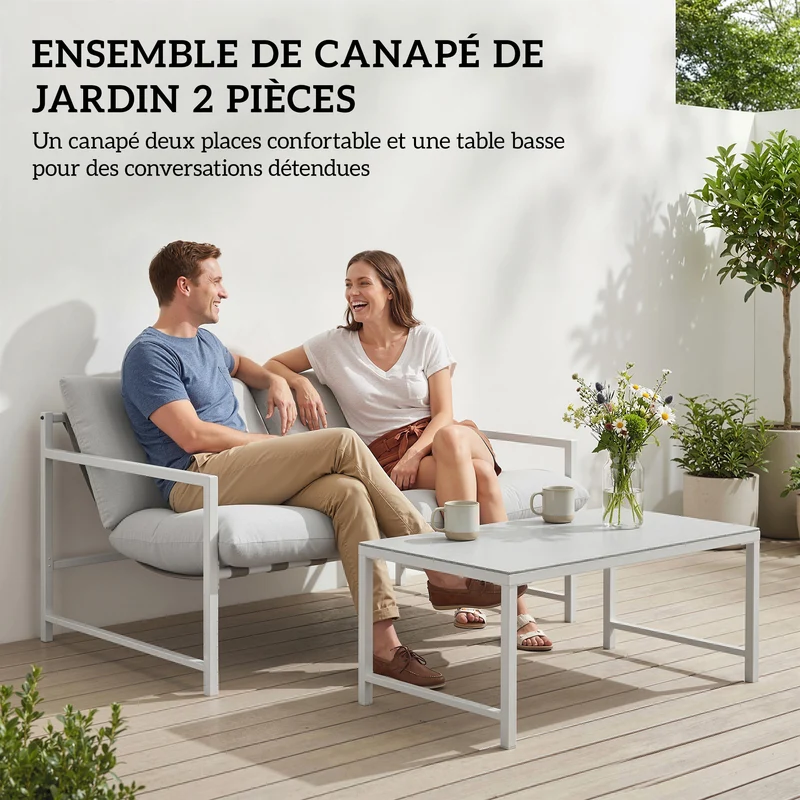 Salon de jardin 2 pièces canapé et table basse 125 x 80 x 64 cm coussins 20 cm confort contemporain en acier gris clair 21_0005771
