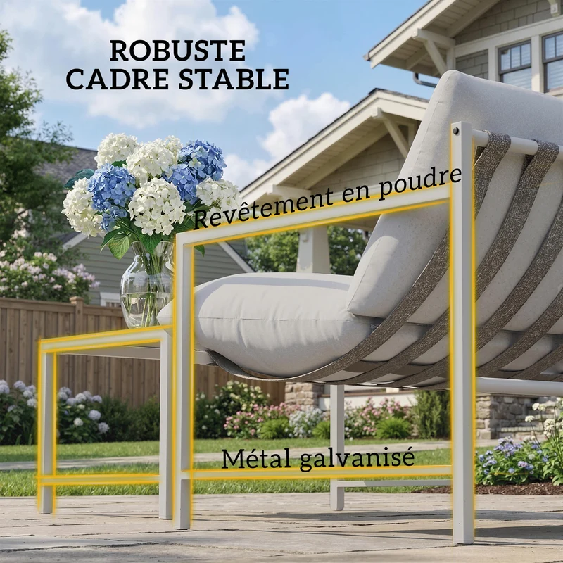 Salon de jardin 2 pièces canapé et table basse 125 x 80 x 64 cm coussins 20 cm confort contemporain en acier gris clair 21_0005771
