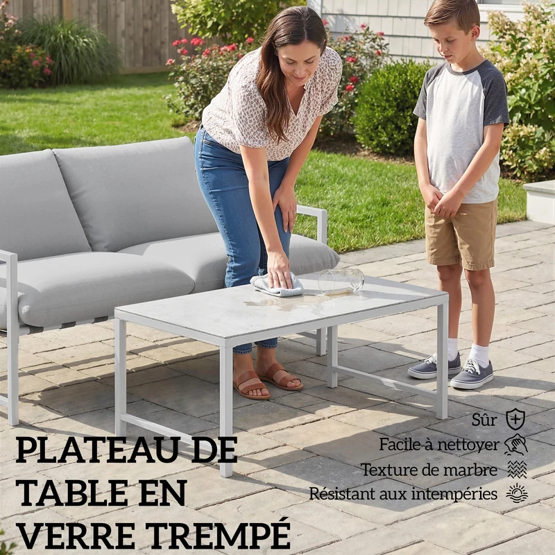 Salon de jardin 2 pièces canapé et table basse 125 x 80 x 64 cm coussins 20 cm confort contemporain en acier gris clair 21_0005771