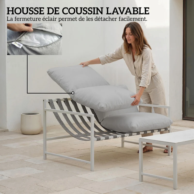 Salon de jardin 2 pièces canapé et table basse 125 x 80 x 64 cm coussins 20 cm confort contemporain en acier gris clair 21_0005771