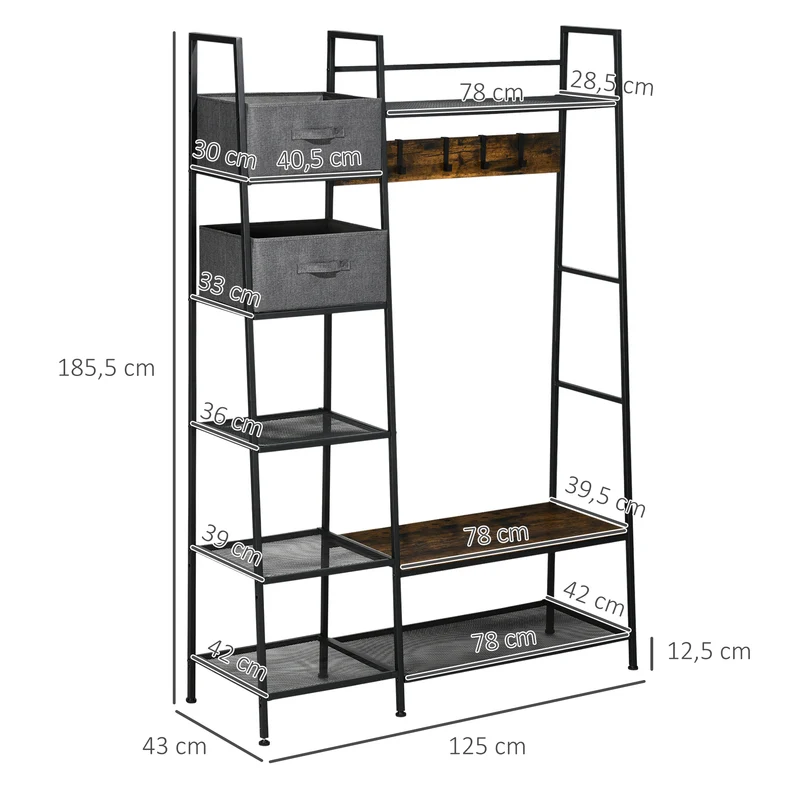 Portemanteau meuble d'entrée 125 x 43 x 185,5 cm banc assise rangement chaussures style industriel en acier brun rustique 21_0002639
