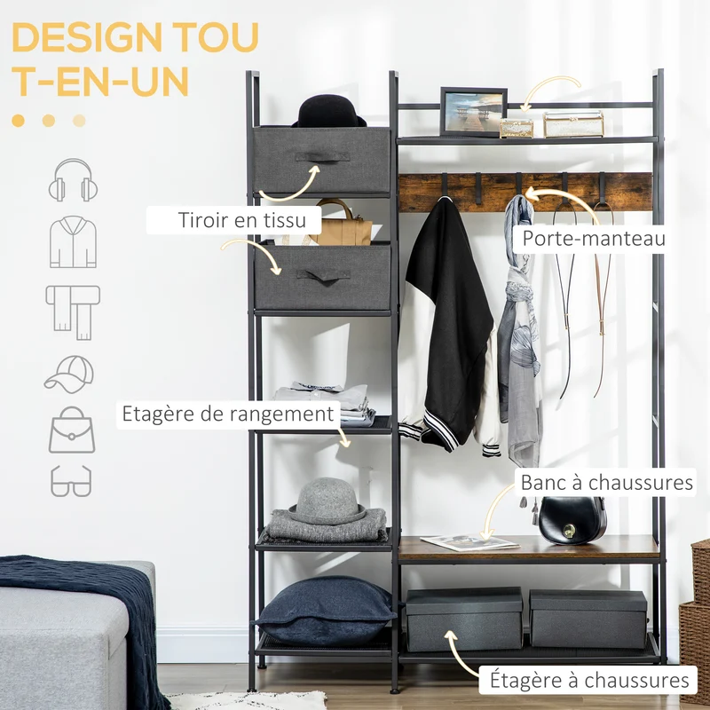 Portemanteau meuble d'entrée 125 x 43 x 185,5 cm banc assise rangement chaussures style industriel en acier brun rustique 21_0002639