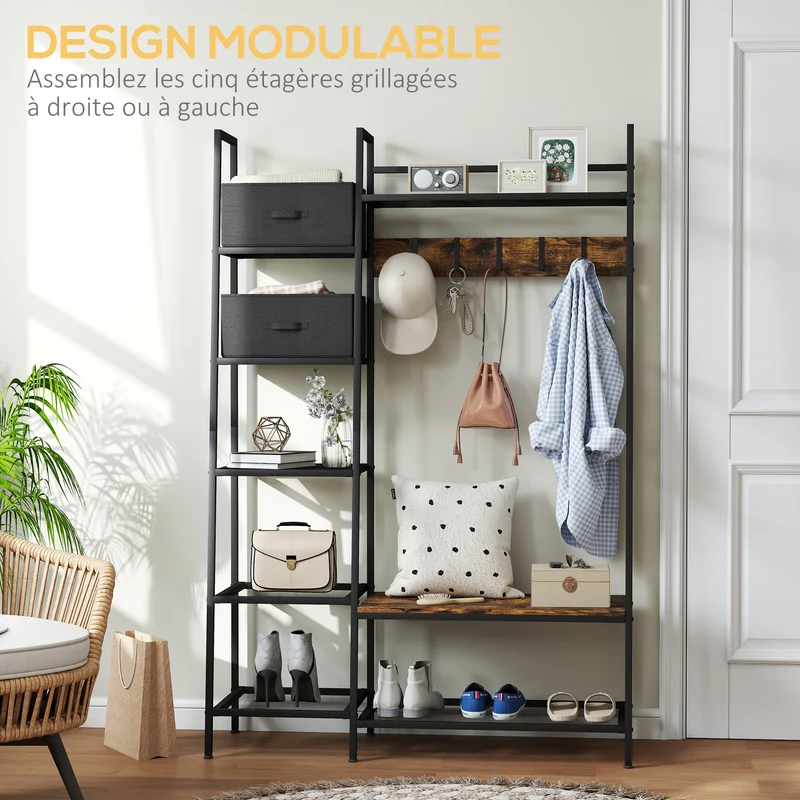 Portemanteau meuble d'entrée 125 x 43 x 185,5 cm banc assise rangement chaussures style industriel en acier brun rustique 21_0002639