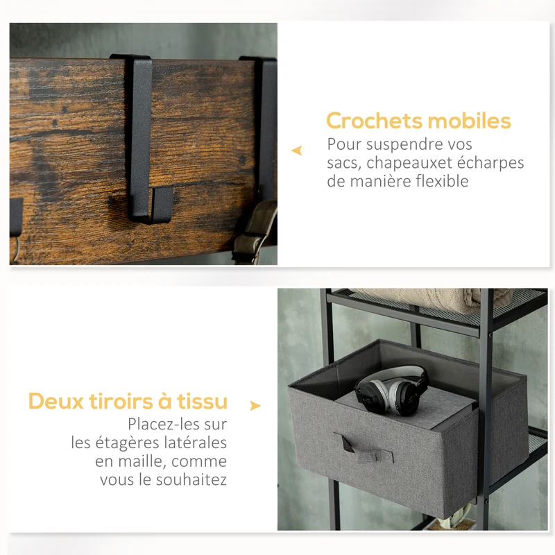 Portemanteau meuble d'entrée 125 x 43 x 185,5 cm banc assise rangement chaussures style industriel en acier brun rustique 21_0002639
