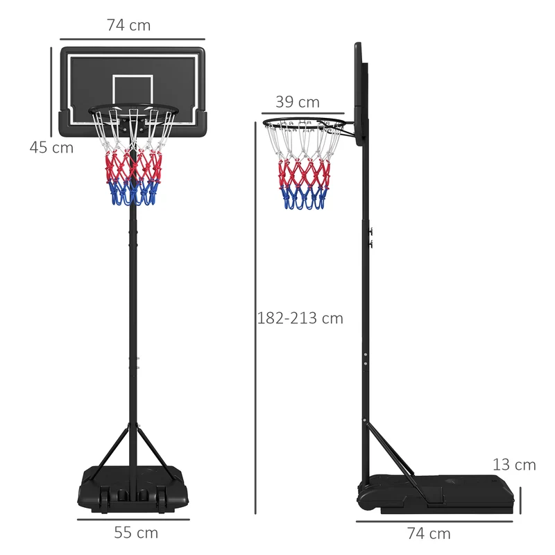 Panier de basket sur pied extérieur 74 x 55 x 250 cm hauteur réglable base lestable moderne industriel en acier noir 21_0006613