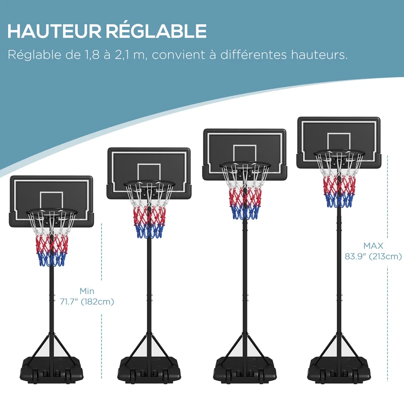 Panier de basket sur pied extérieur 74 x 55 x 250 cm hauteur réglable base lestable moderne industriel en acier noir 21_0006613