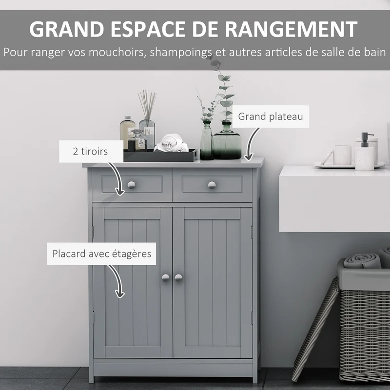 Meuble bas de salle de bain 60 x 30 x 75 cm 2 tiroirs placard double porte étagère réglable compact moderne en MDF gris 21_0001876
