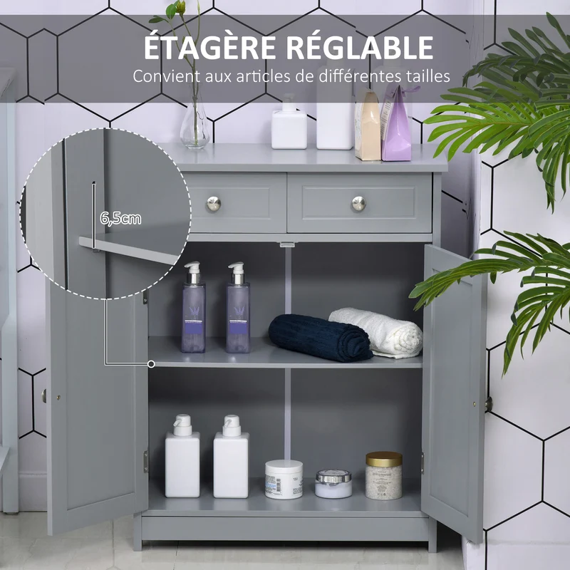Meuble bas de salle de bain 60 x 30 x 75 cm 2 tiroirs placard double porte étagère réglable compact moderne en MDF gris 21_0001876