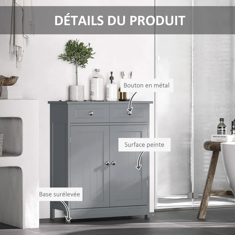 Meuble bas de salle de bain 60 x 30 x 75 cm 2 tiroirs placard double porte étagère réglable compact moderne en MDF gris 21_0001876
