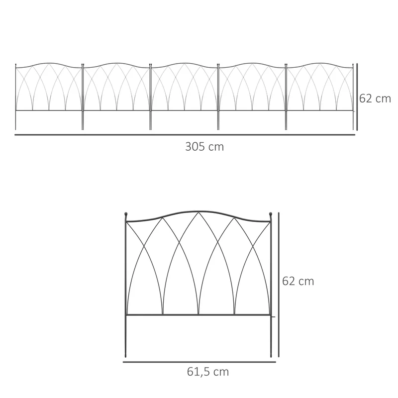 Lot de 5 clôtures de jardin décoratives 305 x 62 cm pose sans outil facile bordure fleurie style rustique en métal noir 21_0003968