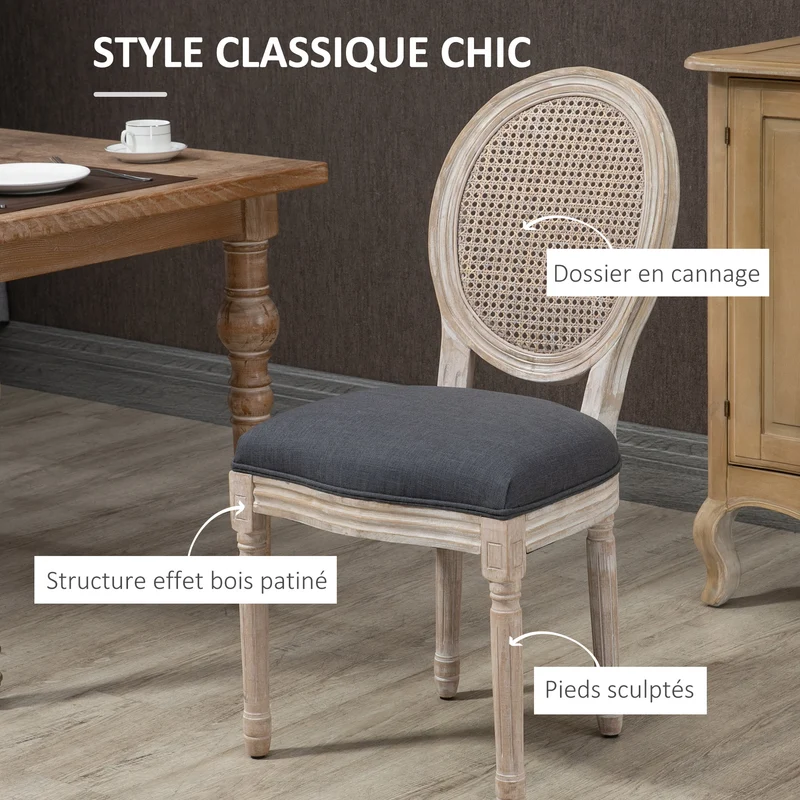 Lot de 4 chaises médaillon salle à manger 49 x 56 x 96 cm dossier cannage assise mousse haute densité en polyester gris 21_0002370