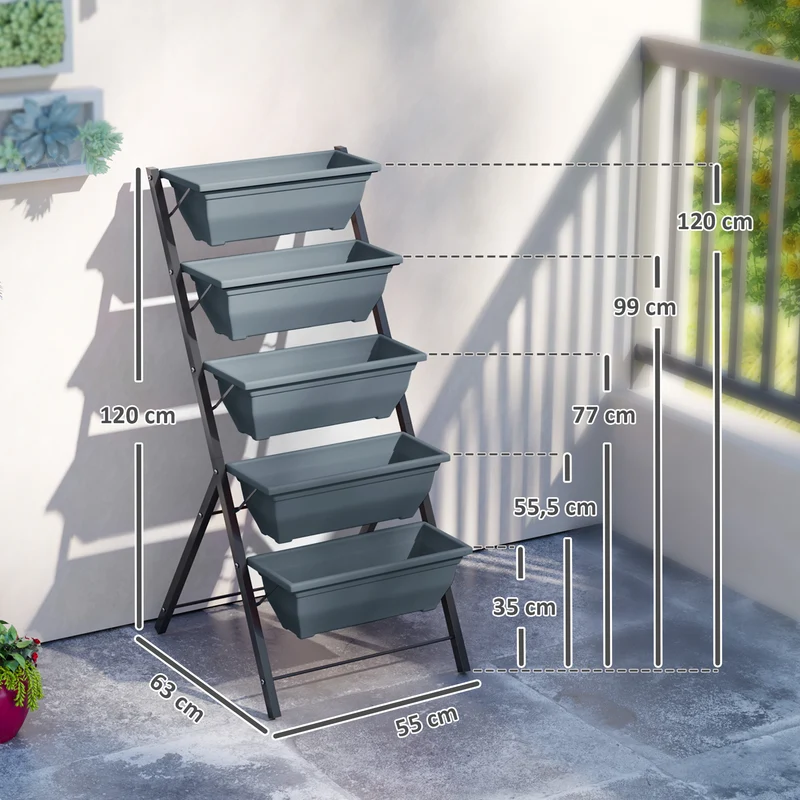 Jardinière surélevée verticale 5 niveaux 55 x 63 x 120 cm gain de place drainage efficace moderne épuré en acier gris 21_0004187