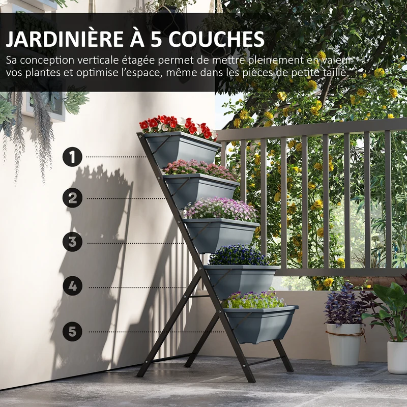 Jardinière surélevée verticale 5 niveaux 55 x 63 x 120 cm gain de place drainage efficace moderne épuré en acier gris 21_0004187