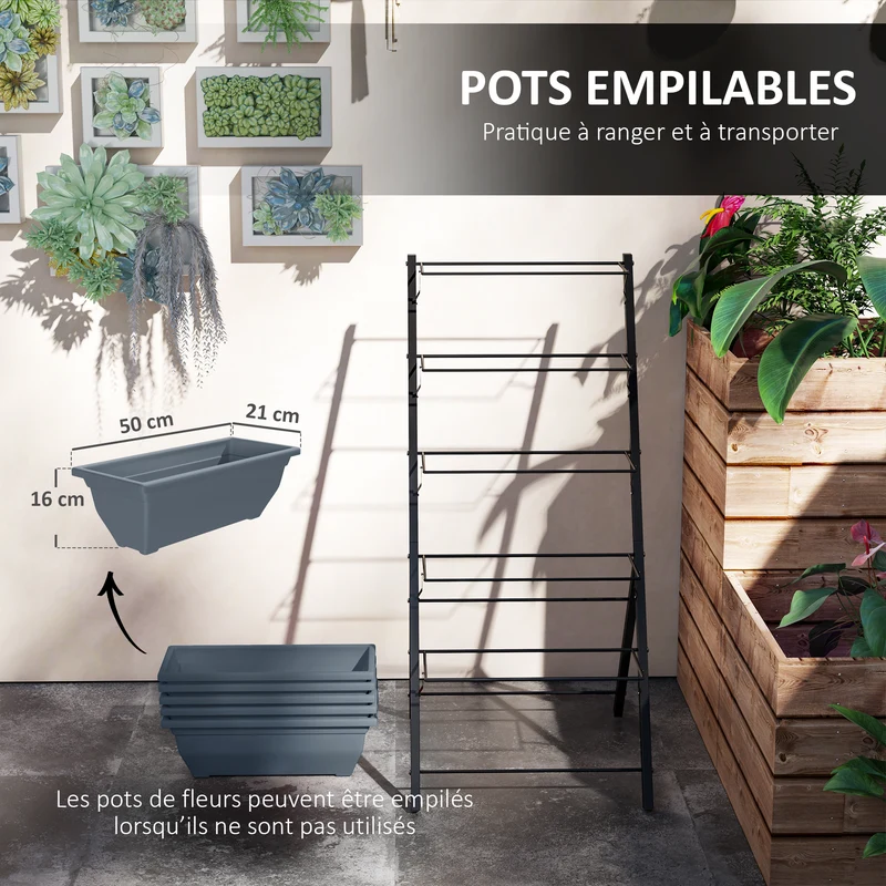 Jardinière surélevée verticale 5 niveaux 55 x 63 x 120 cm gain de place drainage efficace moderne épuré en acier gris 21_0004187