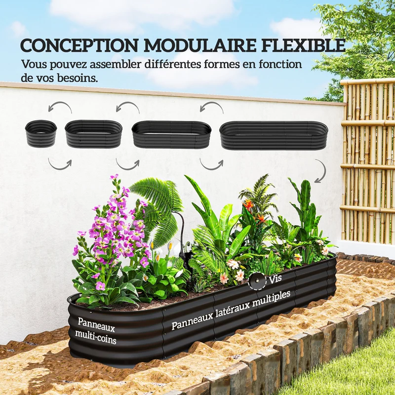 Jardinière surélevée rectangulaire 240 x 62 x 30 cm modulable et retient chaleur style contemporain épuré en acier noir 21_0004379