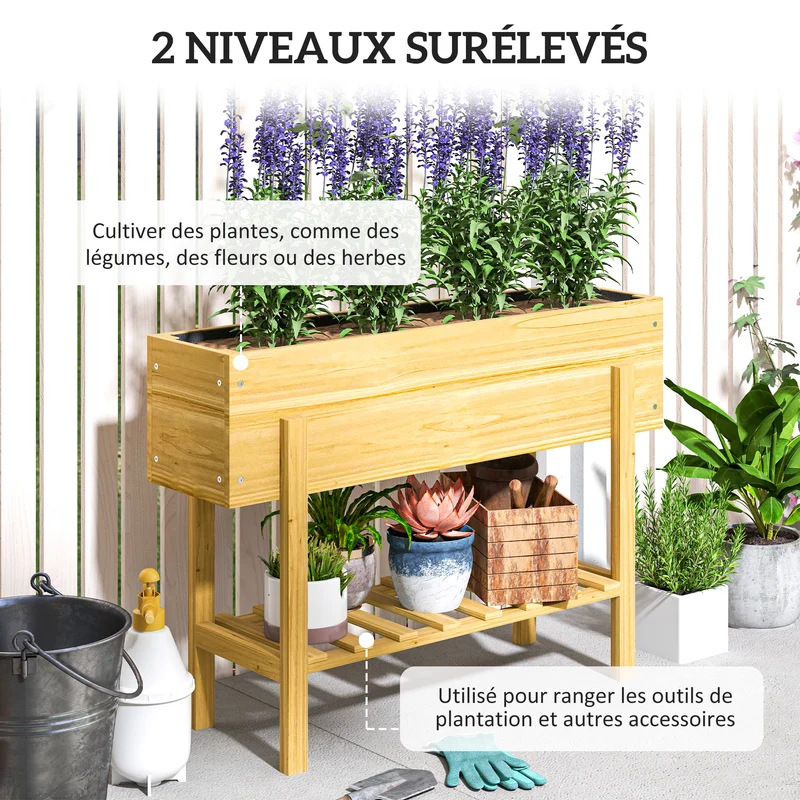 Jardinière surélevée carré potager jardin 100 x 30 x 70,5 cm 2 trous de drainage étagère rustique stable en bois naturel 21_0005527