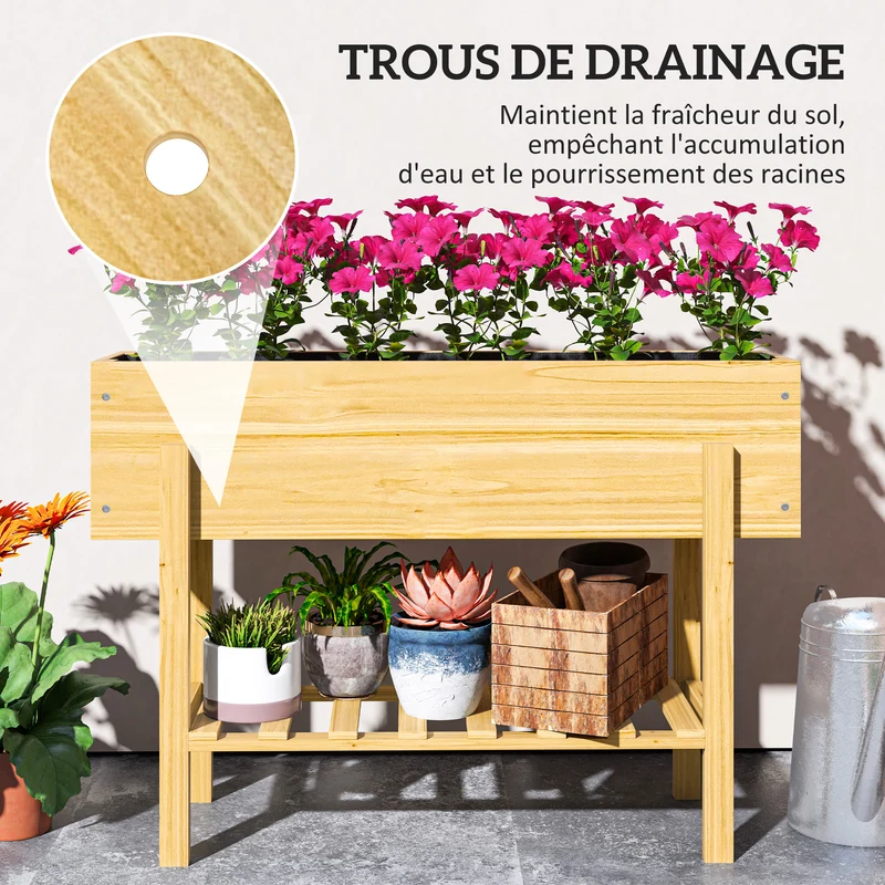 Jardinière surélevée carré potager jardin 100 x 30 x 70,5 cm 2 trous de drainage étagère rustique stable en bois naturel 21_0005527