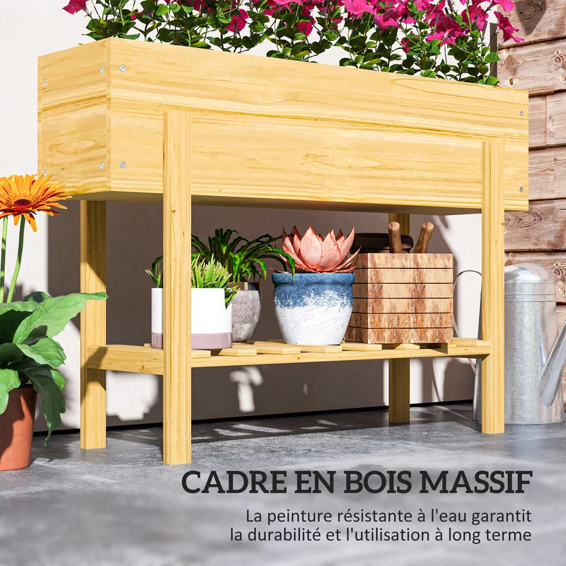 Jardinière surélevée carré potager jardin 100 x 30 x 70,5 cm 2 trous de drainage étagère rustique stable en bois naturel 21_0005527