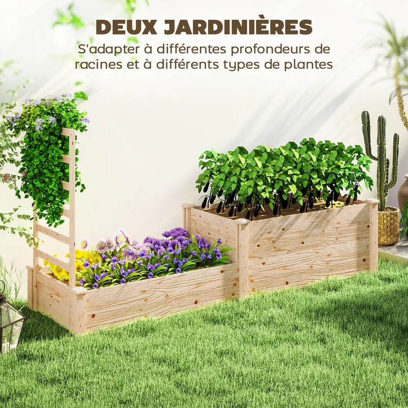 Jardinière surélevée balcon terrasse 222 x 63 x 132 cm treillis intégré drainage optimal design rustique en bois naturel 21_0005545